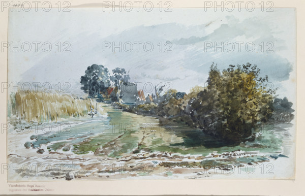 Path between a cornfield and bushes with cottages in the background, c1875-1880. Creator: Wilhelm Busch.
