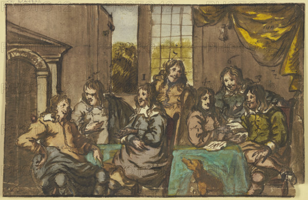 Seven gentlemen sitting in a room around a green table, occupied with papers, with a dog, 17th cent. Creator: Jan van Mieris.