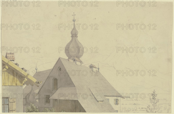 Tyrolean village church and the surrounding houses with a view of the Alps, 19th century. Creator: Karl Ballenberger.