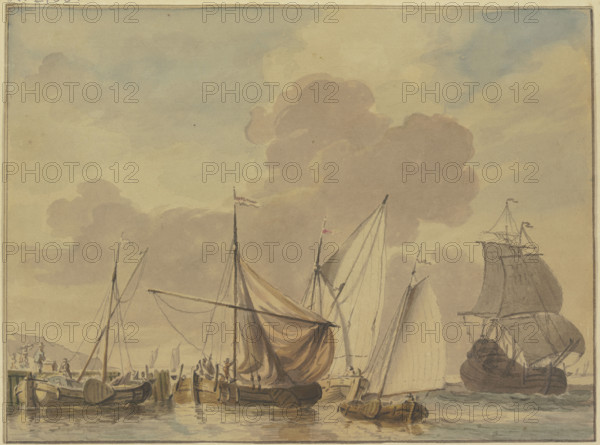 Navy with five ships in the foreground, 18th century. Creator: Jan Verbruggen.