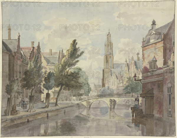 Stone bridge over a canal, a cathedral in the background, a lantern on the right by the...18th cent. Creator: Johannes Huibert Prins.