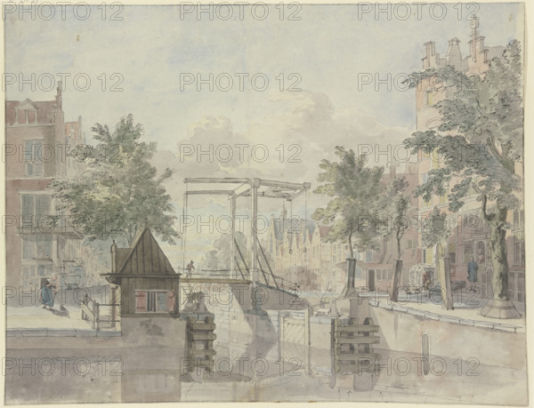 Canal with lock gate, a maid sweeps the street on the left, 18th century. Creator: Johannes Huibert Prins.