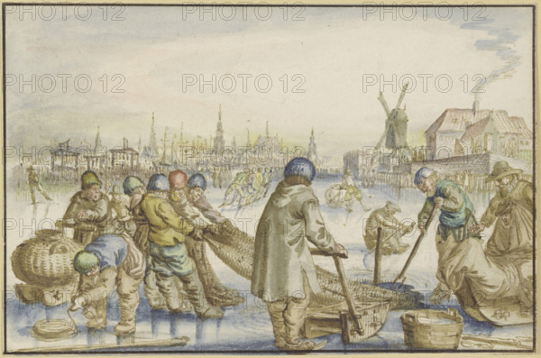 Winter landscape with many skaters, in the foreground fishermen pull a net from the ice, 16th cent. Creator: Claes Jansz Visscher the Elder.