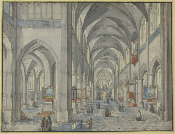 Interior of a Gothic church with many figures, 17th century. Creator: Hendrik van Steenwyck.