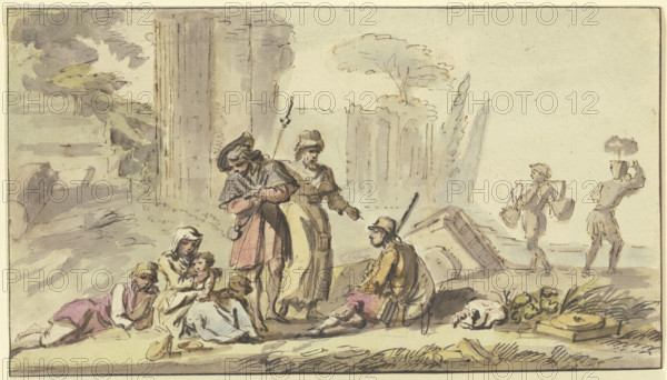 Pilgrims resting near ruins, 18th century. Creator: Jean-Baptiste Lallemand.