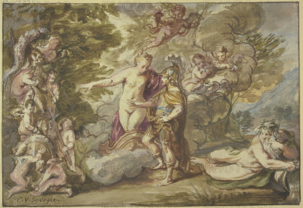 Venus presents Aeneas with weapons, 17th century. Creator: Carel van Savoy.