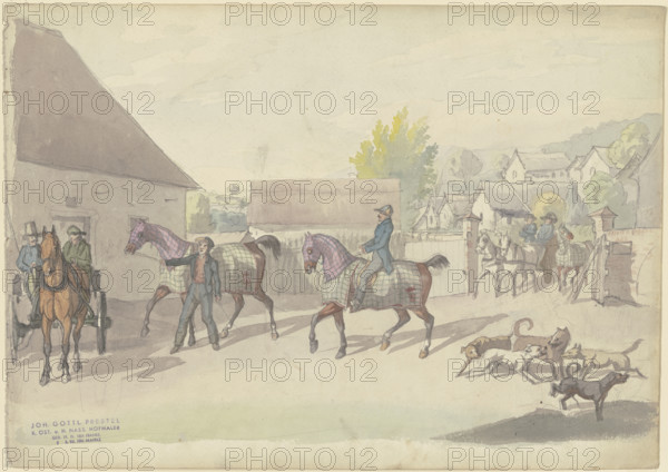 Manor house with horses and vehicles, 19th century. Creator: Johann Erdmann Gottlieb Prestel.
