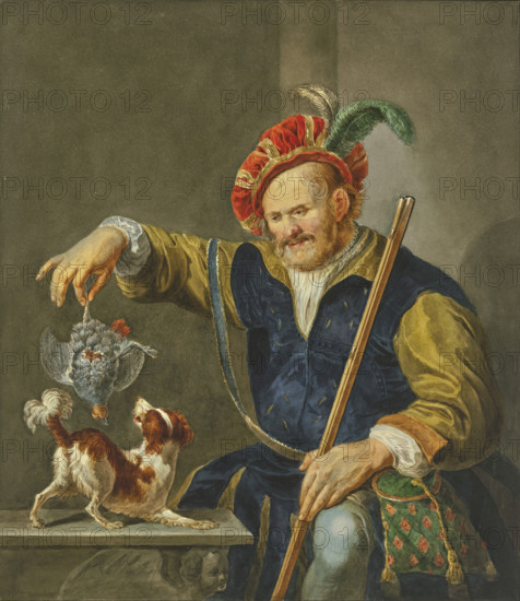 A hunter in rich attire, returning from the hunt, shows his dog a partridge, 18th century. Creator: R. Meurs Pruysenaar.