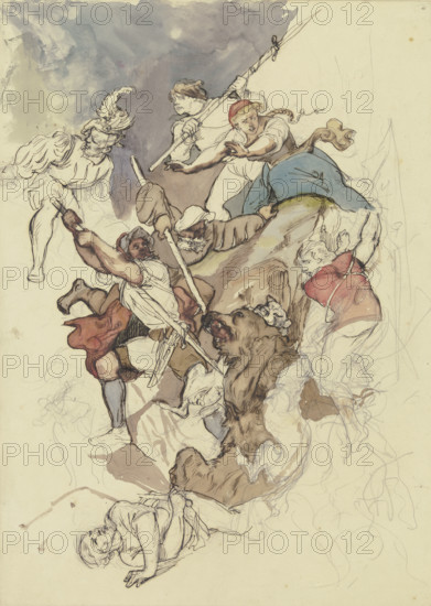 Bear hunt, mid-19th century. Creator: Rudolf Friedrich August Henneberg.