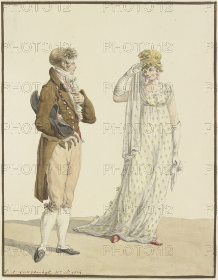 A gentleman and a lady (fashion illustration), 1804. Creator: Jan Antony Langendijk.