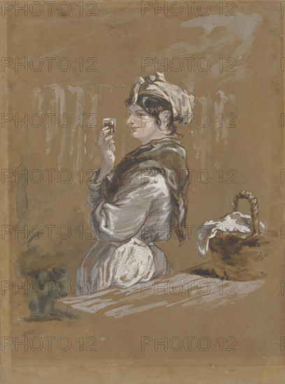 A woman leaning against a table with a small glass in her hand (washerwoman?). Creator: Paul Gavarni.