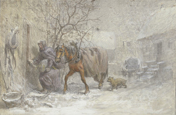 Manor house in winter, a horse being led into the stable by the coachman, 19th century. Creator: Heinrich Winter.