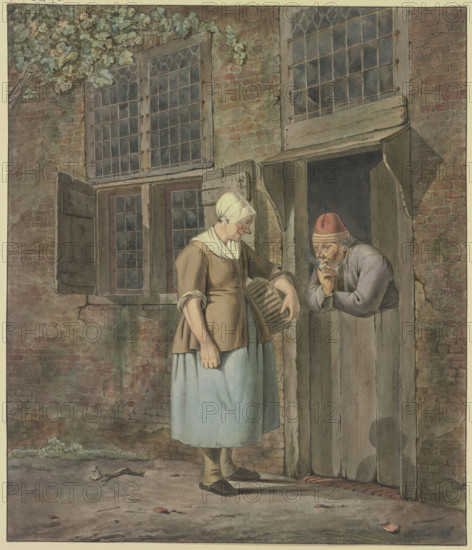 A man smoking at a front door speaks with a woman carrying a basket. Creator: Johannes Christiaan Janson.
