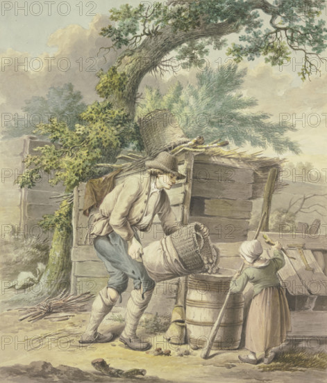 A farmer pours potatoes into a barrel, a child helps. Creator: Pieter Bartholomeusz. Barbiers.