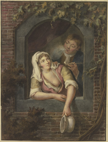 A woman with bare breasts empties a chamber pot out of a window, a young man smoking behind her.. Creator: Lambert Antoine Claessens.