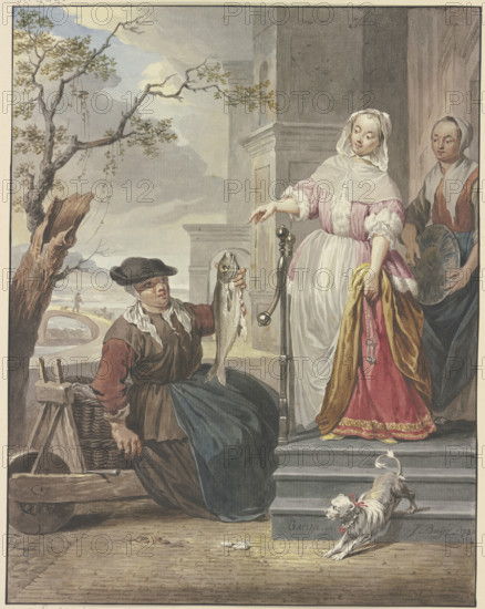 A lady stands with her maid in front of her house, haggling with a fishmonger, 1780. Creator: Jacobus Buys.