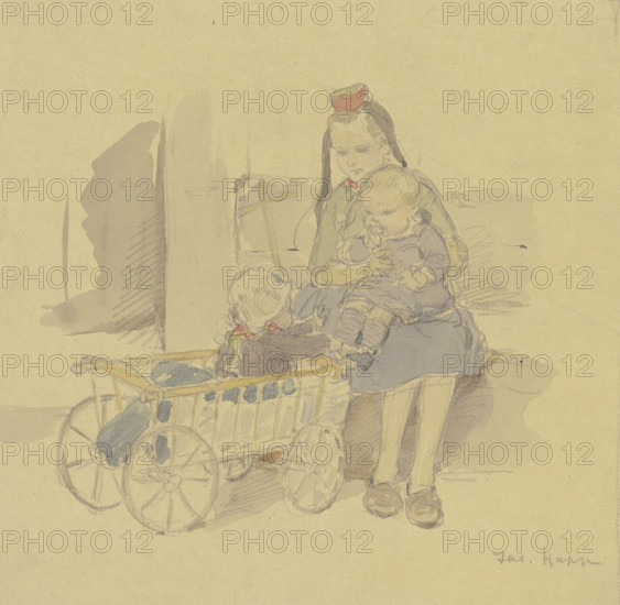 Three children with a cart, late 19th century. Creator: Jacob Happ.