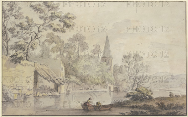 Church tower and several buildings by a body of water, two women in a boat..., 18th century. Creator: Jean-Baptiste Lallemand.
