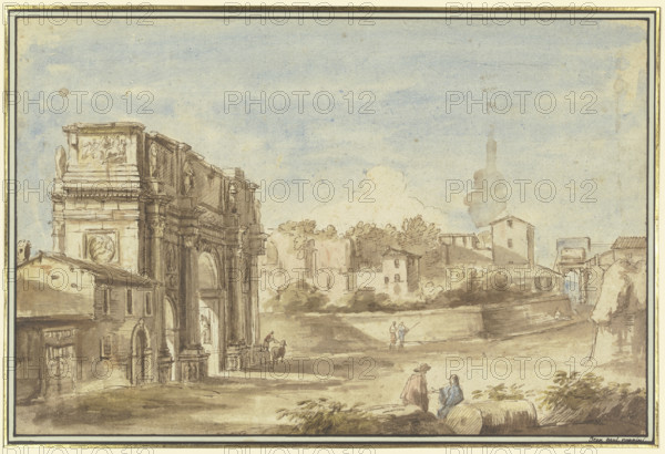 Roman scene with a triumphal arch (Arch of Constantine), 18th century. Creator: Giovanni Paolo Pannini?.