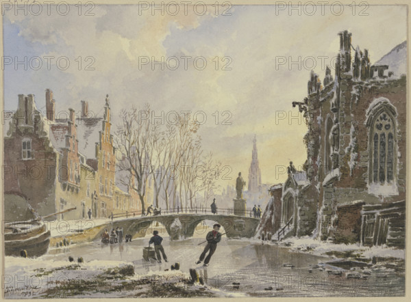 Ice skaters on a canal in Amsterdam, 1832. Creator: Bartholomeus Johannes van Hove.