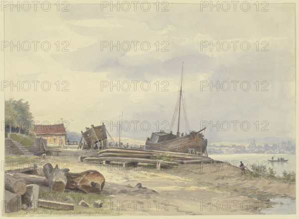 Shipyard on the Rhine bank near Niederwalluf, c1880-1900. Creator: Ernst Morgenstern.