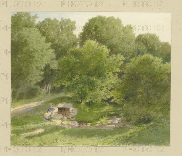Girl sitting at the opening of a brick-lined canal below a path, 1863. Creator: Carl Theodor Reiffenstein.