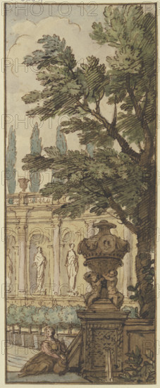 Panel, a vase in the foreground, an orangery in the background, c1690s. Creator: Isaac de Moucheron.