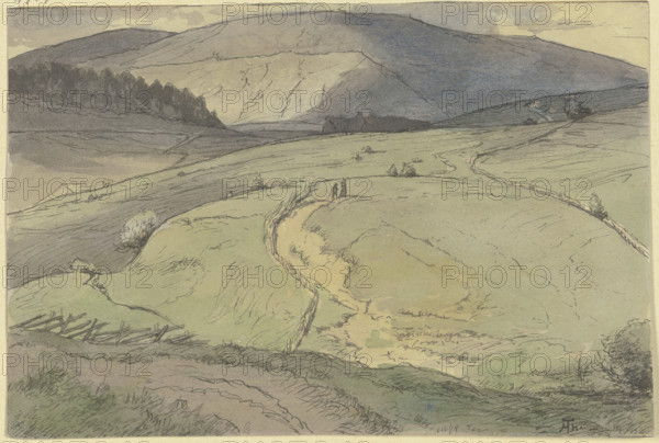Black Forest landscape, view over rolling meadows to higher mountains, c1860-1900. Creator: Hans Thoma.