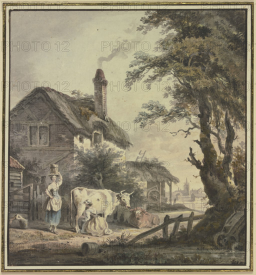 Women with cows in front of a farmhouse, 18th century. Creator: Netherlandish, 18th century;.