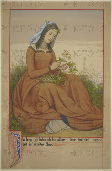 Young woman tying a bouquet of flowers, 1867. Creator: Eduard von Steinle.