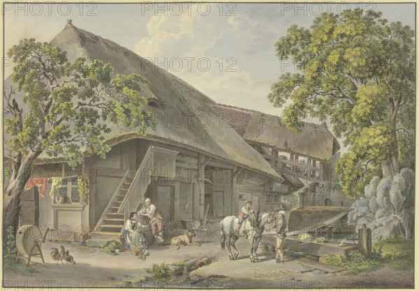 Swiss house, by the fountain a farmer with a white horse on which a boy is riding, 1798. Creator: Sigmund Freudenberger.