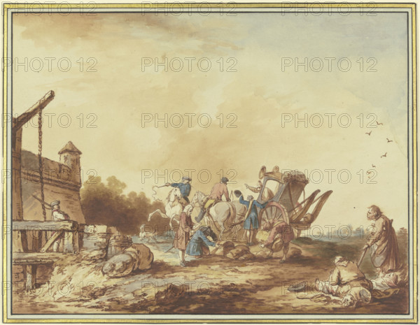 In front of a fortress gate, the luggage of a traveler who has stopped there..., 1760. Creator: Francesco Giuseppe Casanova.