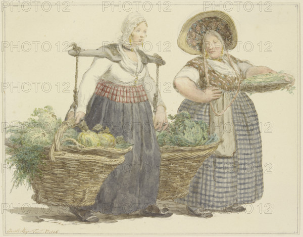 Two female vegetable vendors with their wares, before 1817. Creator: C. H. Meyer.