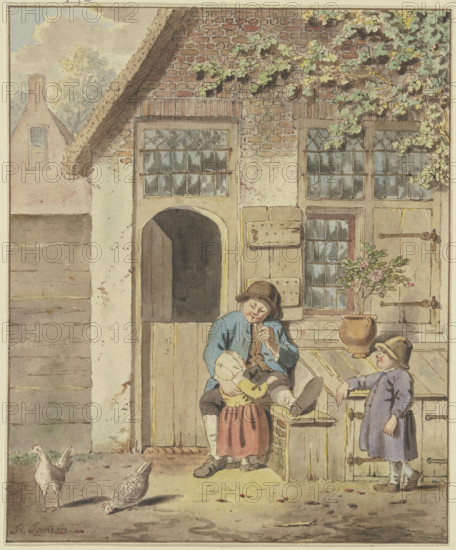 A farmer sits in front of a house with two children and two chickens, c1790s. Creator: Johannes Christiaan Janson.