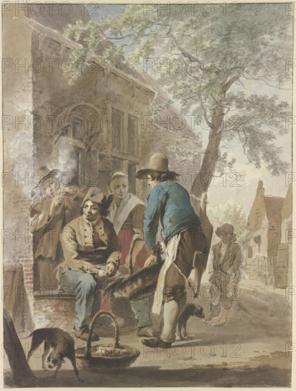 A farmer offers his produce for sale with a basket in front of a house; a dog is in the..., c1790s. Creator: Hermanus van Brussel.