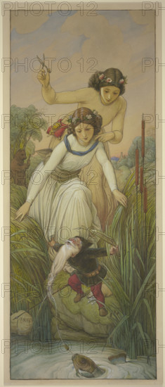 Snow White and Rose Red find the dwarf whose beard is tangled in the fishing line, 1866. Creator: Eduard von Steinle.
