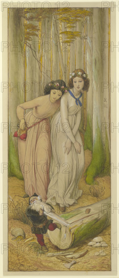 Snow White and Rose Red find the dwarf in the forest whose beard is caught in a tree trunk, 1866. Creator: Eduard von Steinle.