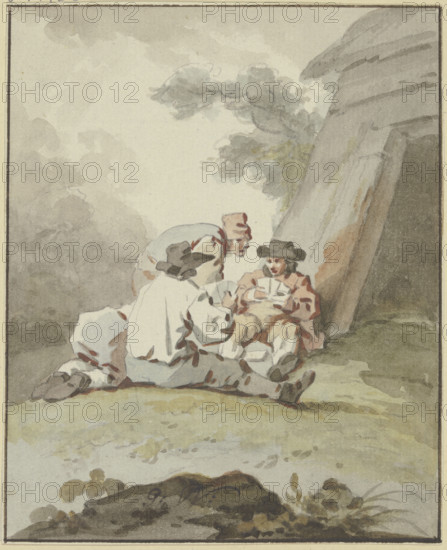 Four men sitting or squatting on the ground in front of a hut playing cards, c1770-1790. Creator: Gottlieb Welte.