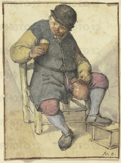 Seated farmer from the front, with jug and glass, after 1670. Creator: Adriaen van Ostade.