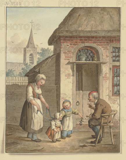 An old man sits in front of a house with a maid and two children, c1800-1844. Creator: Johann Friedrich Morgenstern.