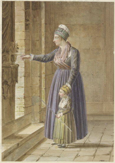 Young woman with her daughter in Provençal dress at a church window, c1810-1850. Creator: Pierre Huard.