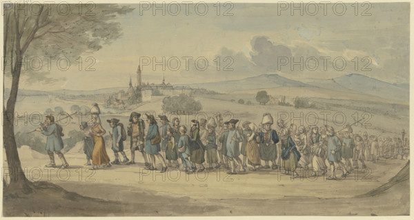 Walldürer's pilgrims passing by the town of Höchst am Main, (1830?). Creator: Jakob Dielmann.
