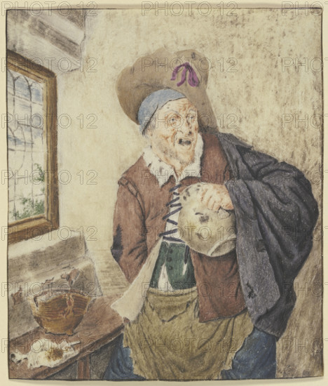 Ragged peasant by a window, holding a jug, 17th century. Creator: Cornelis Dusart.