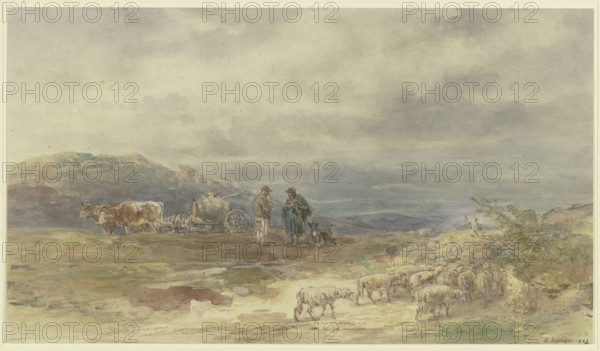 Landscape with a flock of sheep and an ox-drawn cart, 1881. Creator: Anton Burger.