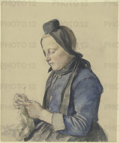 Girls from the Schwalm region knitting, 19th century. Creator: Jacob Happ.