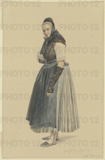 Standing peasant woman facing left, 1837. Creator: Jakob Dielmann.
