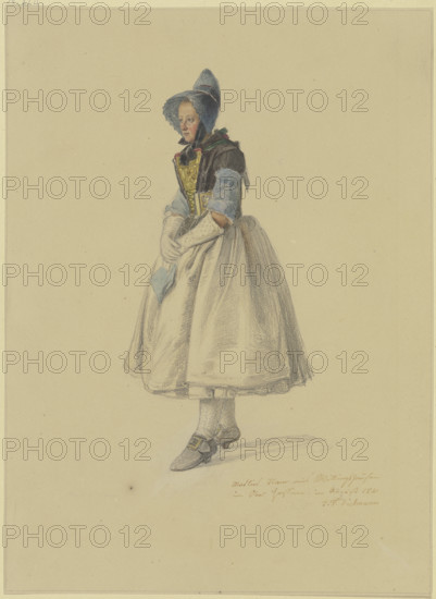 Standing peasant woman in her Sunday best facing left, (Matlies Stam from Willingshausen..., 1841. Creator: Jakob Dielmann.