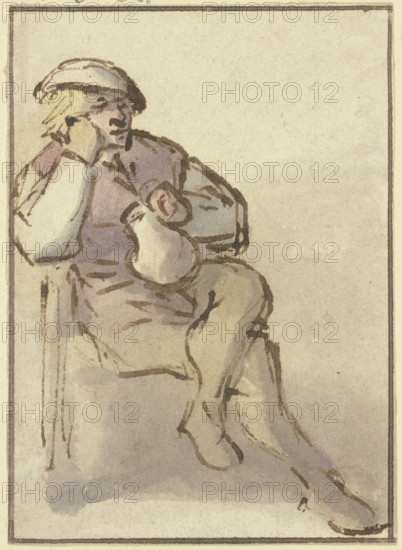 Farmer sitting diagonally to the right, with a jug in his right hand, c1643. Creator: Adriaen van Ostade.