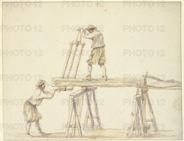 Two men sawing wood, 17th century; 18th century. Creator: Unknown.