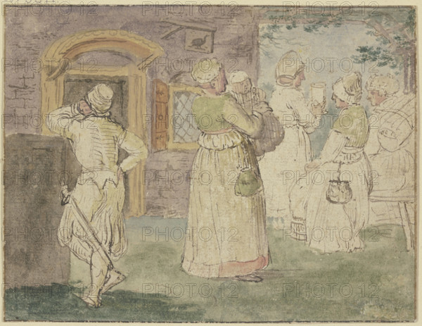 In front of an inn, a soldier is on the left, four drinking women..., c1610s. Creator: Hendrick Avercamp.